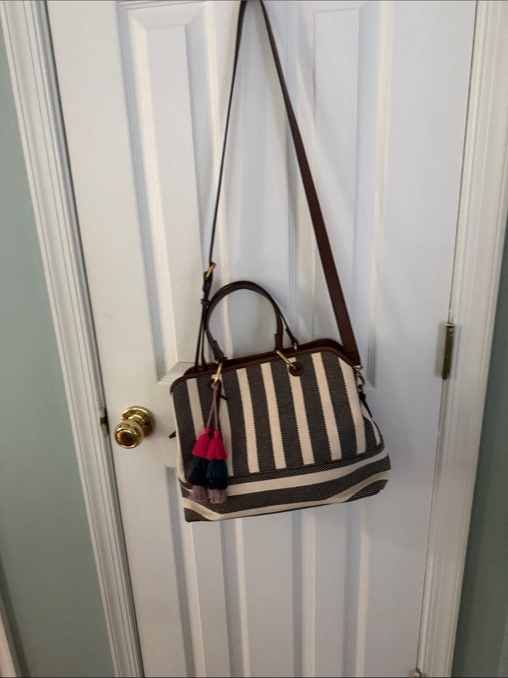 Fossil Navy and Cream Striped Canvas Shoulder Bag with Brown Trim